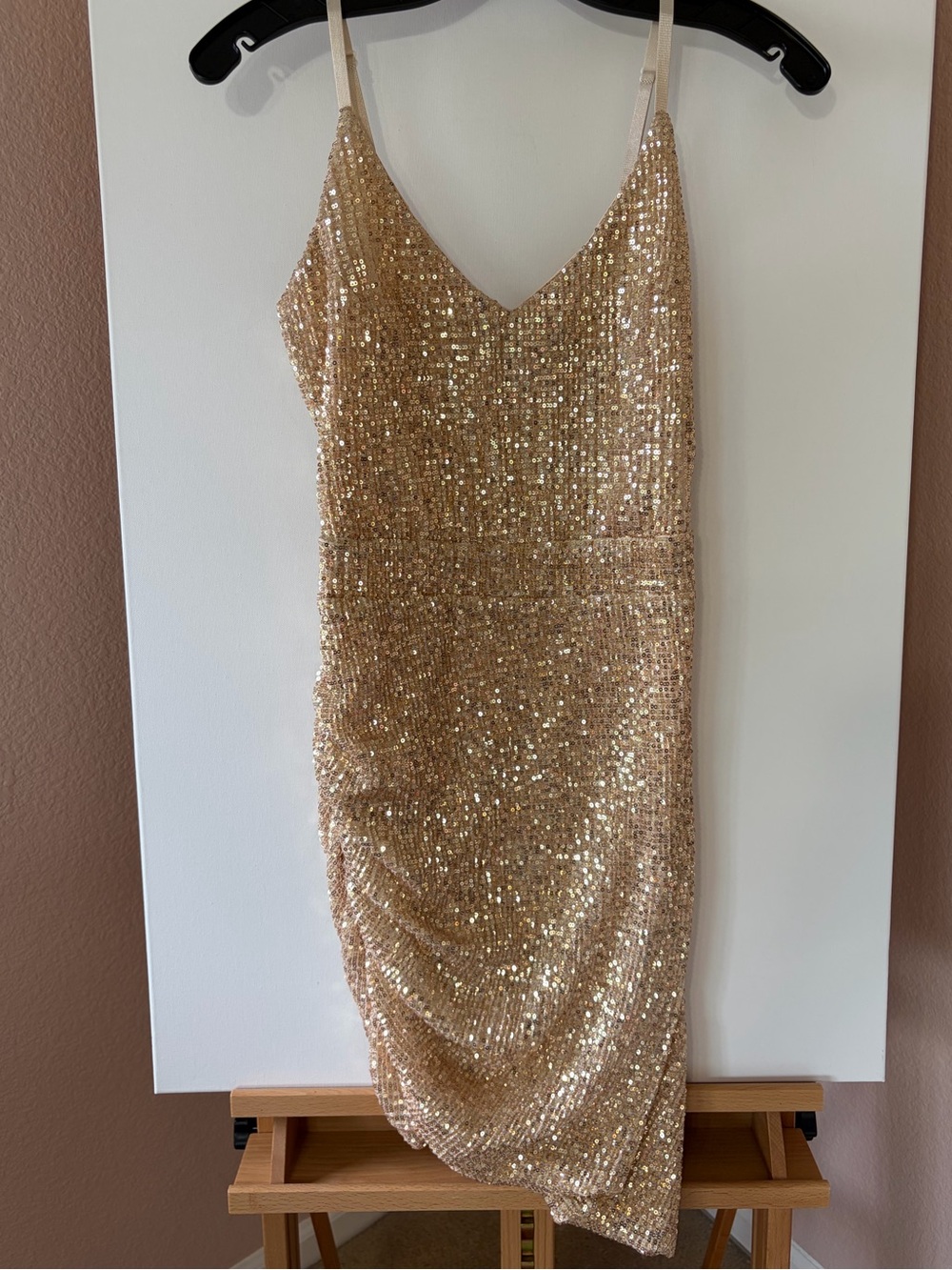 CBR Gold Sequin Asymmetrical Dress Medium Ruched Cocktail Party Bodycon